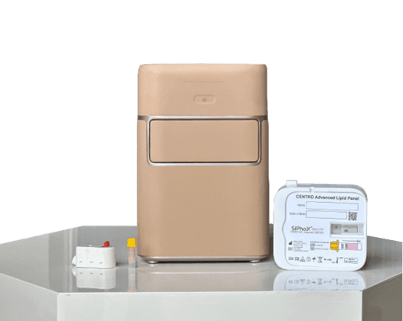 SiPhox home testing device with EasyDraw collection kit and CENTRO Advanced Lipid Panel cartridge